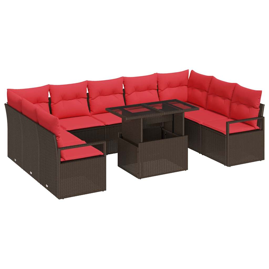 Havesofa Sæt med pude med opbevaring 10 pcs Brun Poly rattan