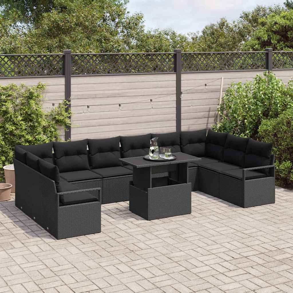 Havesofa Sæt med pude med opbevaring 11 pcs Sort polyrattan