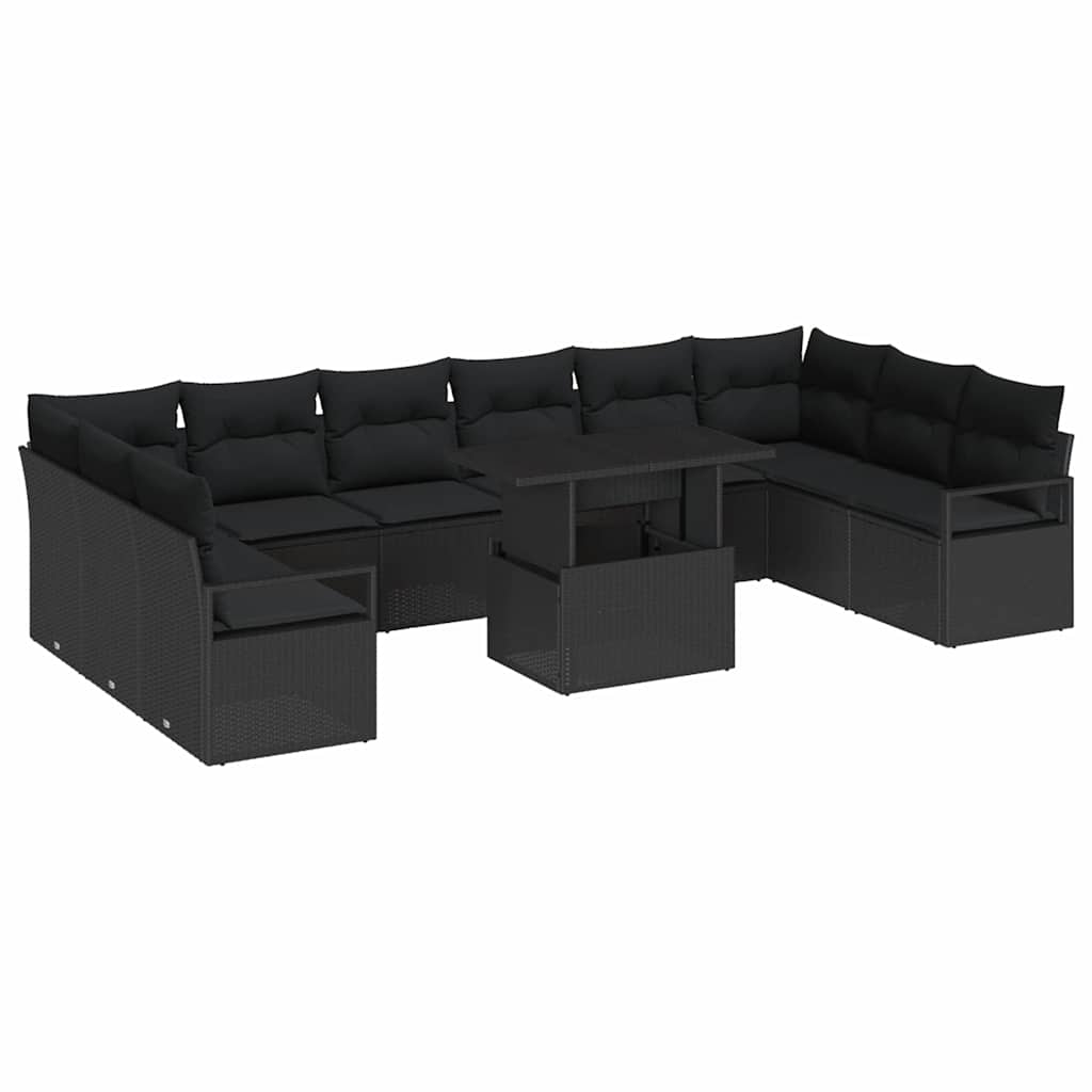 Havesofa Sæt med pude med opbevaring 11 pcs Sort polyrattan
