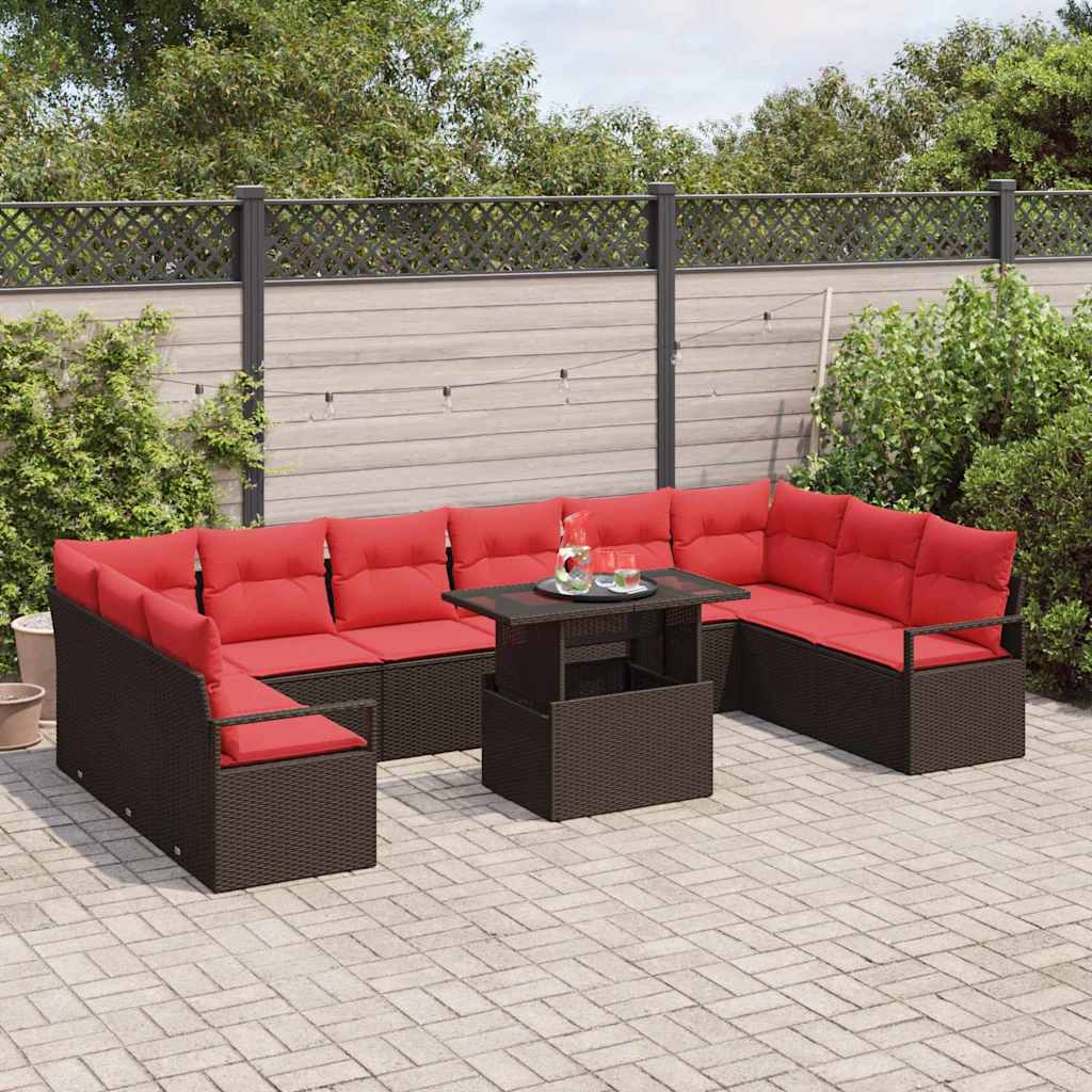 Havesofa Sæt med pude med opbevaring 11 pcs Brun polyrattan