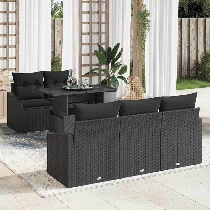 Havesofa Sæt med pude med opbevaring 6 pcs Sort polyrattan