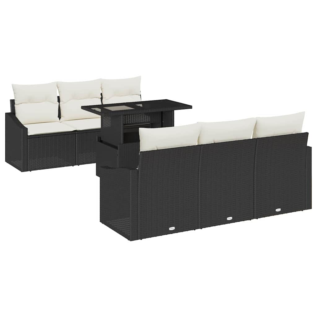 Havesofa Sæt med pude med opbevaring 7 pcs Sort polyrattan