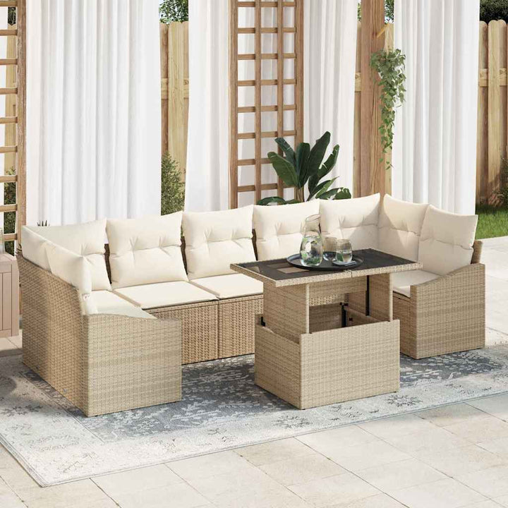 Havesofa Sæt med pude med opbevaring 8 pcs Beige polyrattan