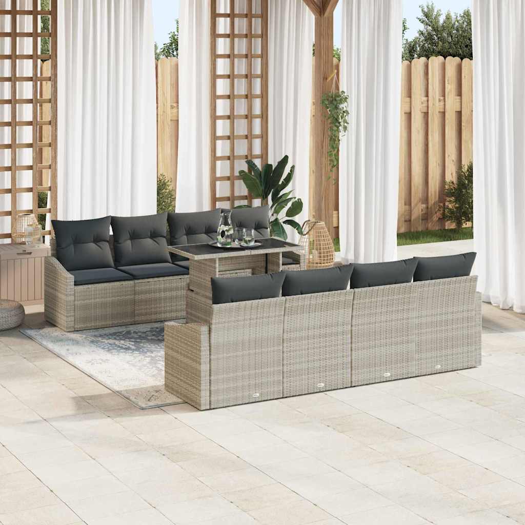 Havesofa Sæt med pude med opbevaring 9 pcs Lysegrå polyrattan