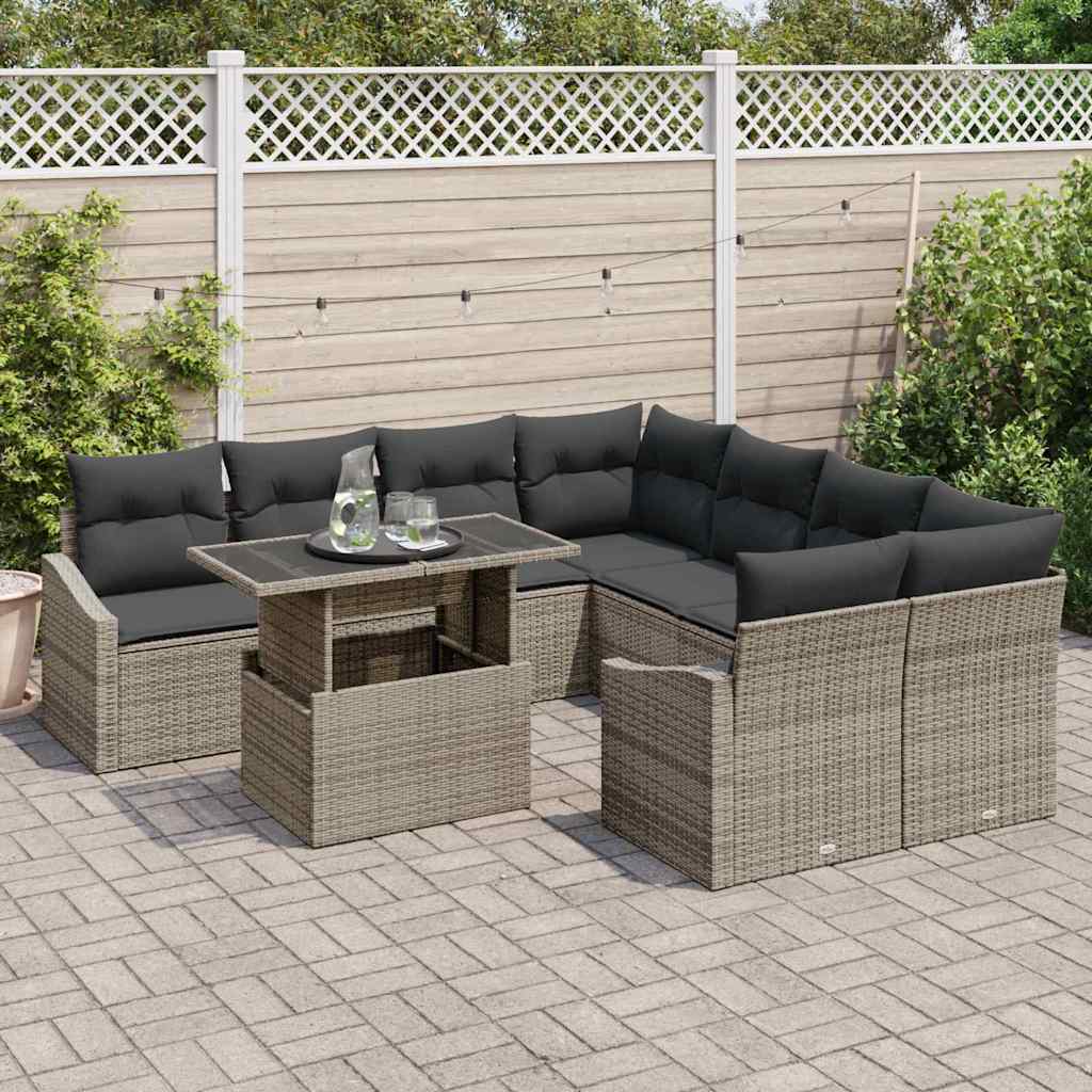 Havesofa Sæt med opbevaring 9 pcs Grå Poly rattan