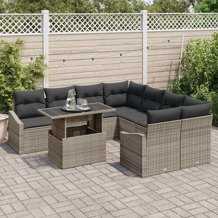 Havesofa Sæt med opbevaring 9 pcs Grå Poly rattan