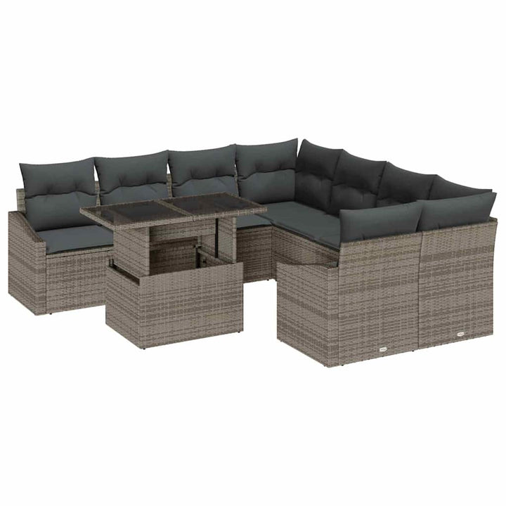 Havesofa Sæt med opbevaring 9 pcs Grå Poly rattan