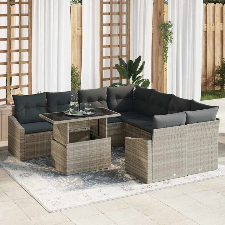 Havesofa Sæt med opbevaring 9 pcs Lysegrå Poly rattan