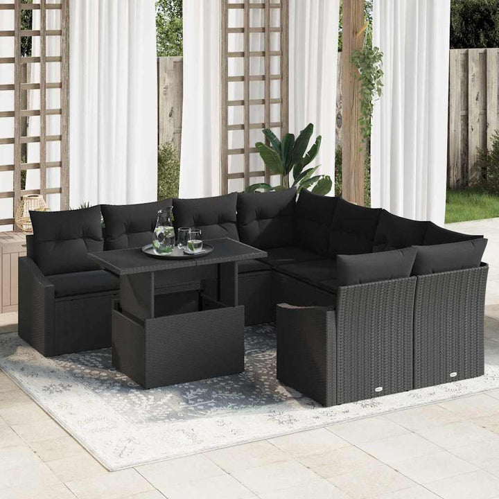 Havesofa Sæt med opbevaring 9 pcs Sort Poly rattan
