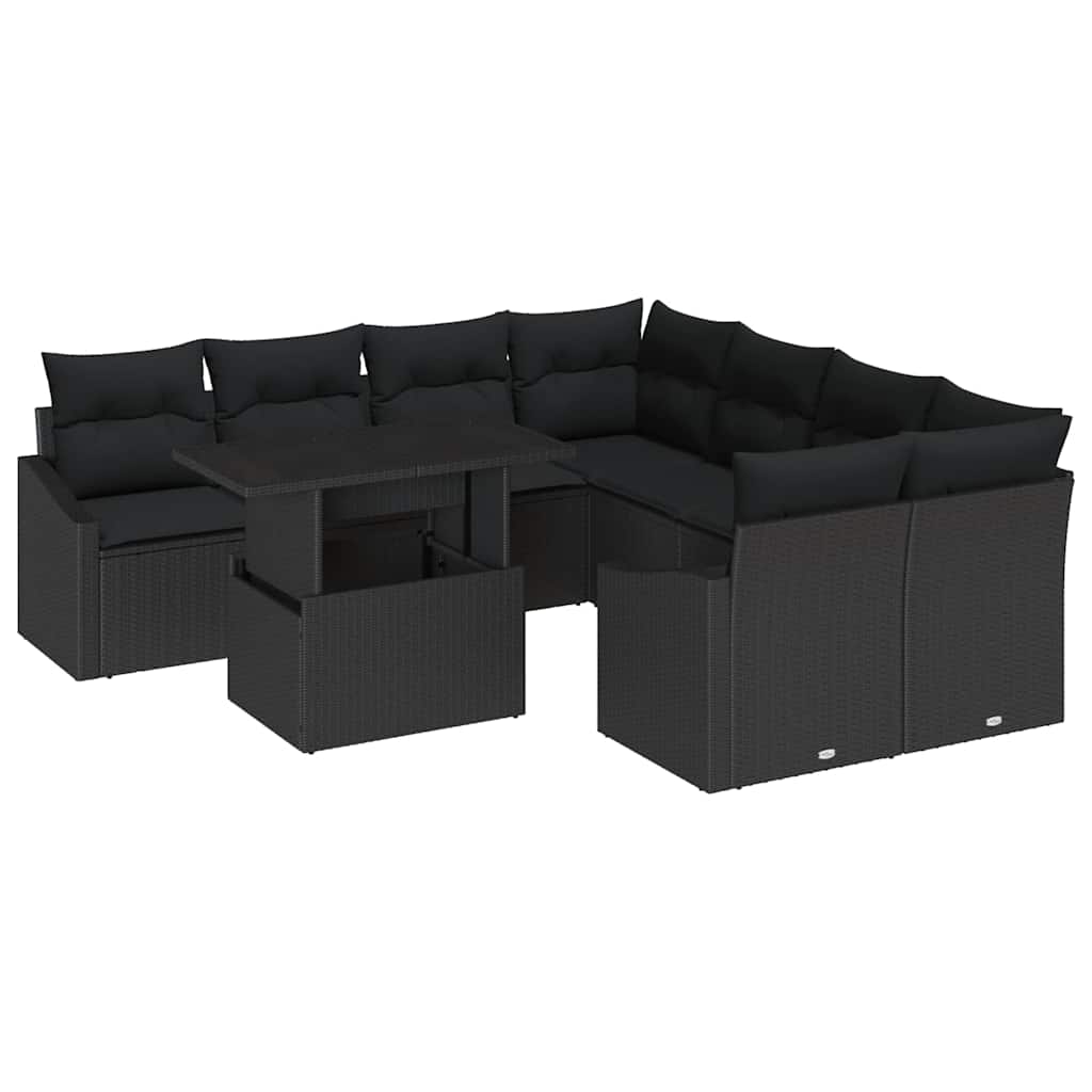 Havesofa Sæt med opbevaring 9 pcs Sort Poly rattan