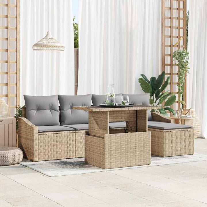 Havesofa Sæt med pude 6 pcs Beige og lys grå polyrattan