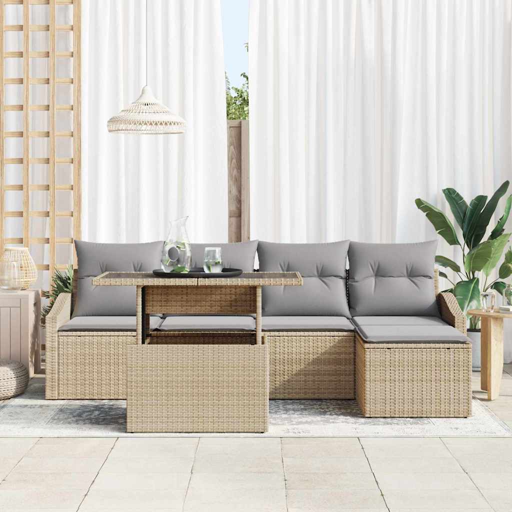 Havesofa Sæt med pude 6 pcs Beige og lys grå polyrattan