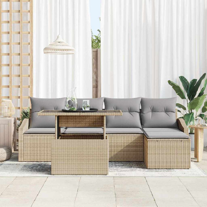 Havesofa Sæt med pude 6 pcs Beige og lys grå polyrattan