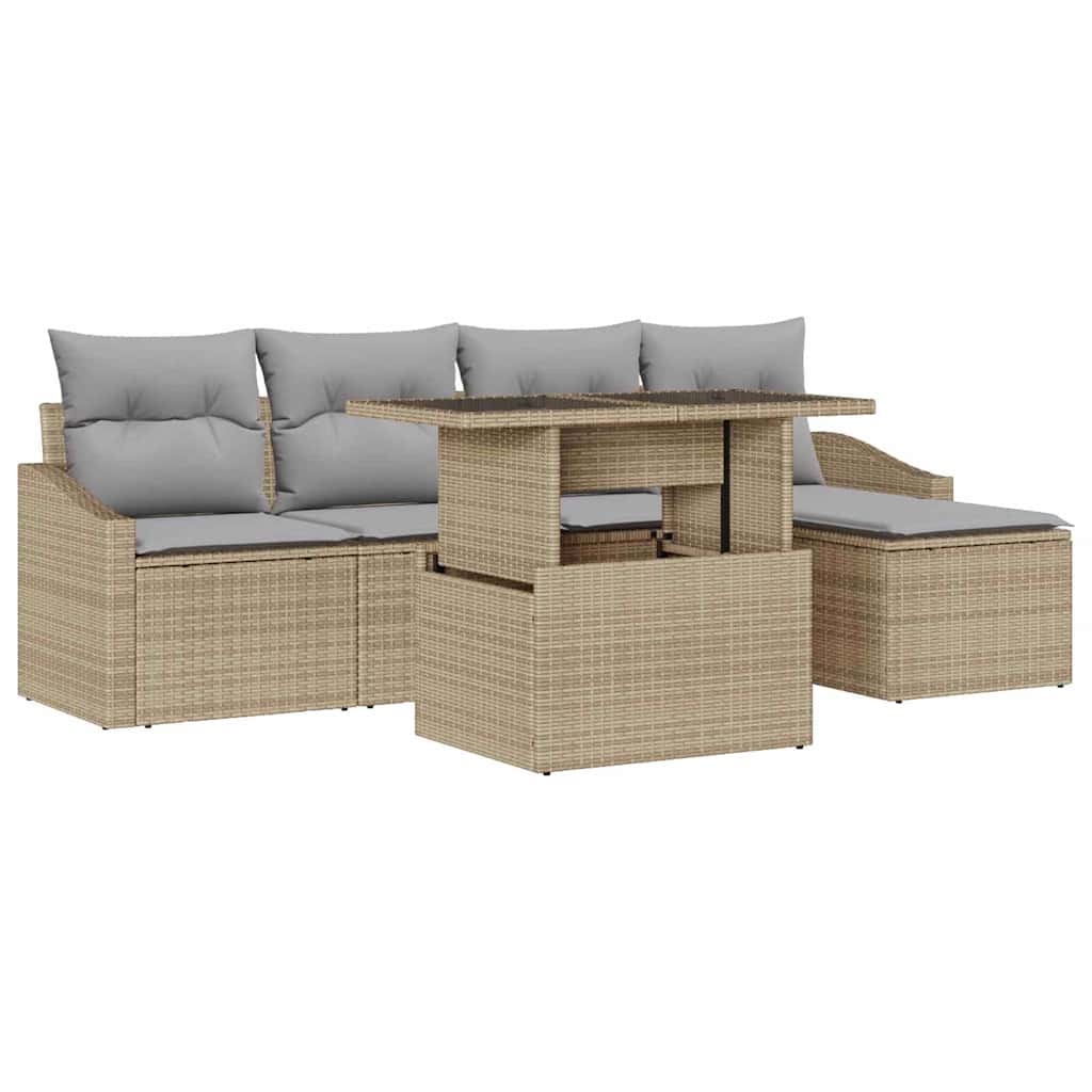 Havesofa Sæt med pude 6 pcs Beige og lys grå polyrattan