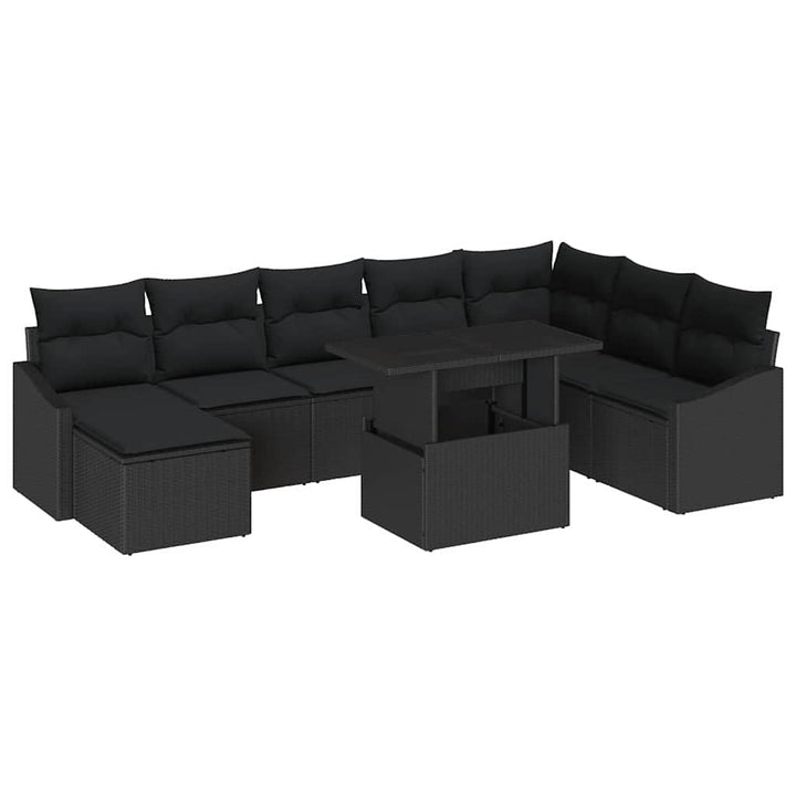 Havesofa Sæt 9 pcs Sort Poly Rattan og pulverlakeret stål