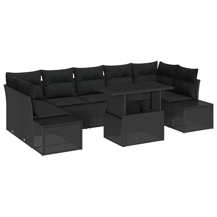 Havesofa Sæt 8 pcs Sort Poly Rattan og pulverlakeret stål