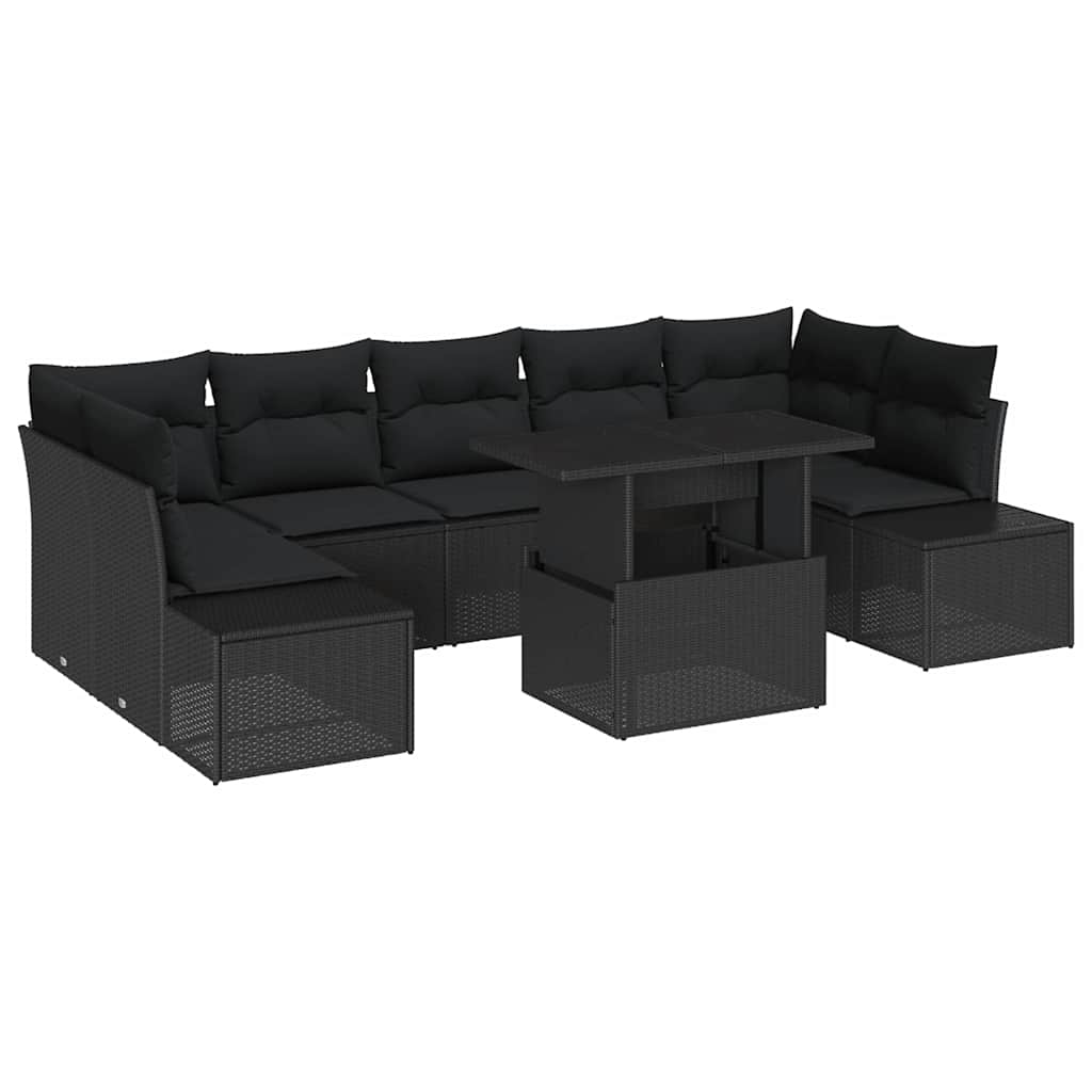 Havesofa Sæt 8 pcs Sort Poly Rattan og pulverlakeret stål