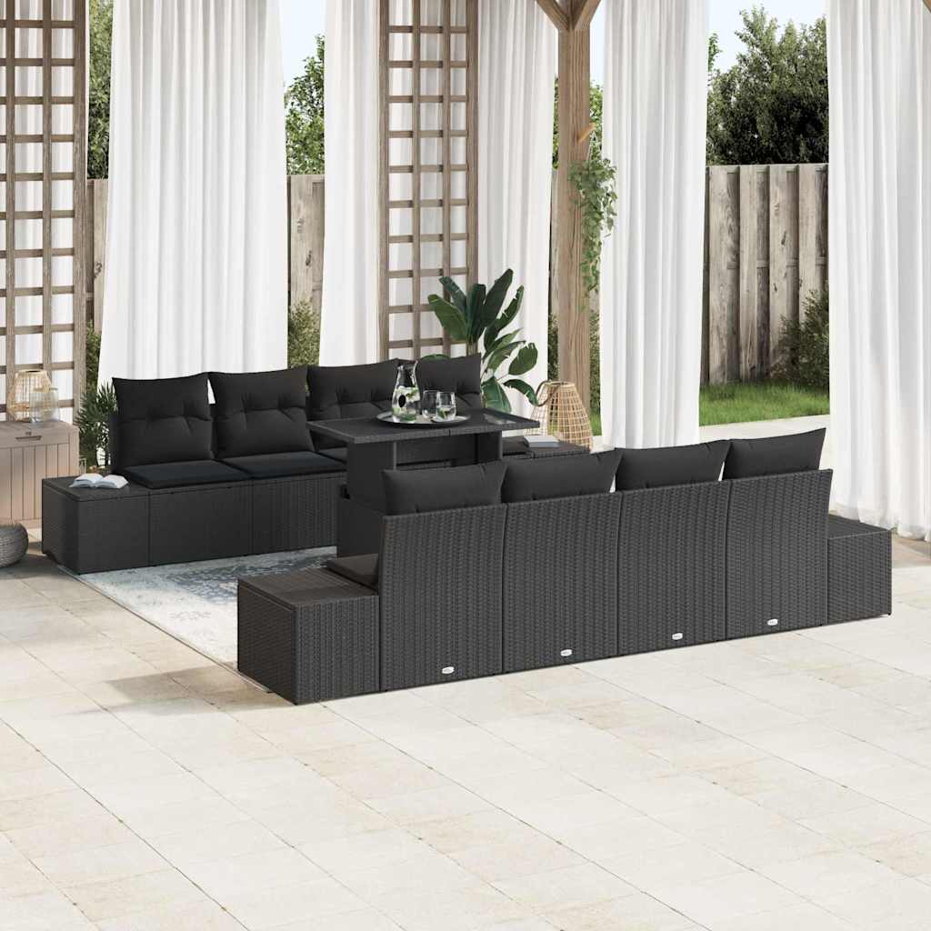 Havesofa Sæt 9 pcs Sort Poly Rattan og pulverlakeret stål