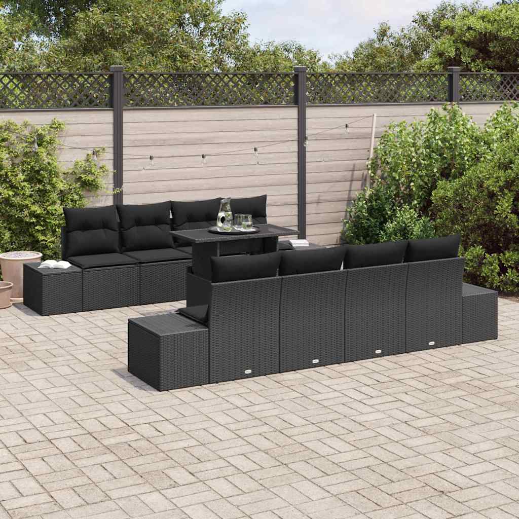 Havesofa Sæt 9 pcs Sort Poly Rattan og pulverlakeret stål
