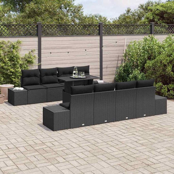 Havesofa Sæt 9 pcs Sort Poly Rattan og pulverlakeret stål