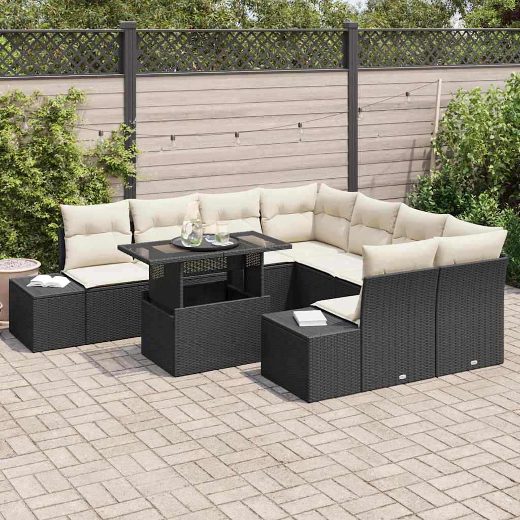 Havesofa Sæt med pude 9 pcs Sort og Cream polyrattan