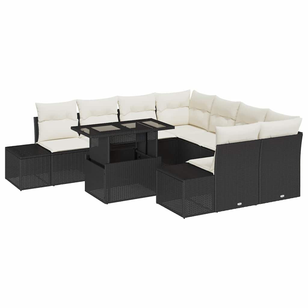 Havesofa Sæt med pude 9 pcs Sort og Cream polyrattan