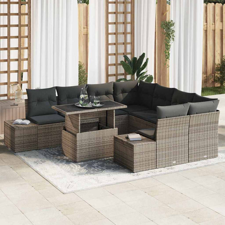 Havesofa Sæt med pude med opbevaring 9 pcs Grå polyrattan