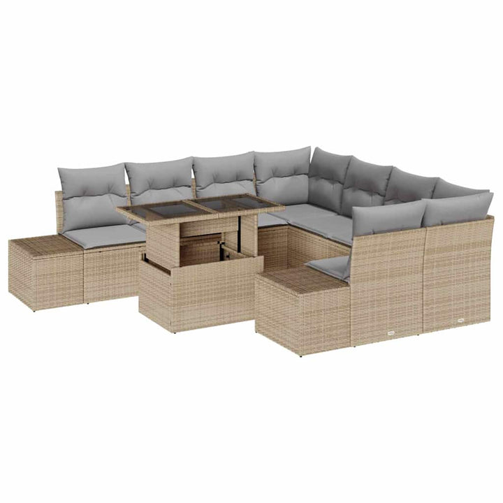 Havesofa Sæt med pude 9 pcs Beige og lys grå polyrattan