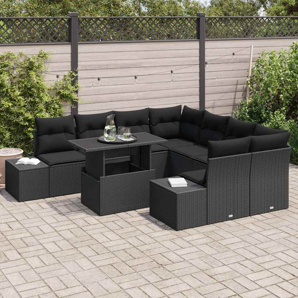 Havesofa Sæt med pude med opbevaring 9 pcs Sort polyrattan
