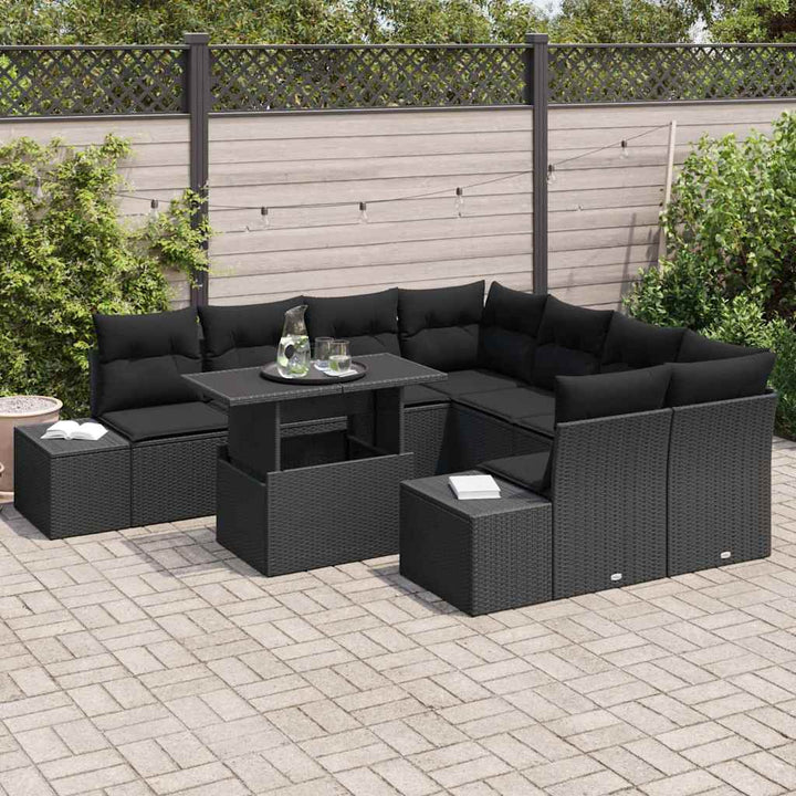 Havesofa Sæt med pude med opbevaring 9 pcs Sort polyrattan