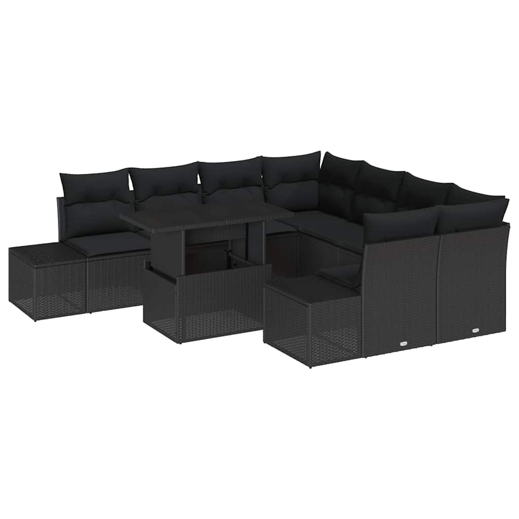 Havesofa Sæt med pude med opbevaring 9 pcs Sort polyrattan