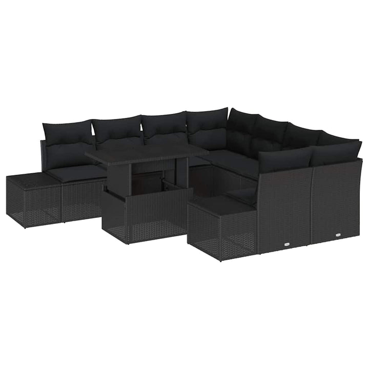 Havesofa Sæt med pude med opbevaring 9 pcs Sort polyrattan