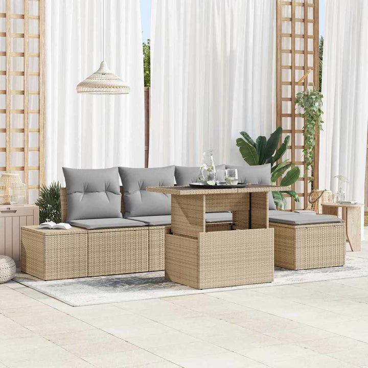 Havesofa Sæt med opbevaring 6 pcs Beige Poly rattan