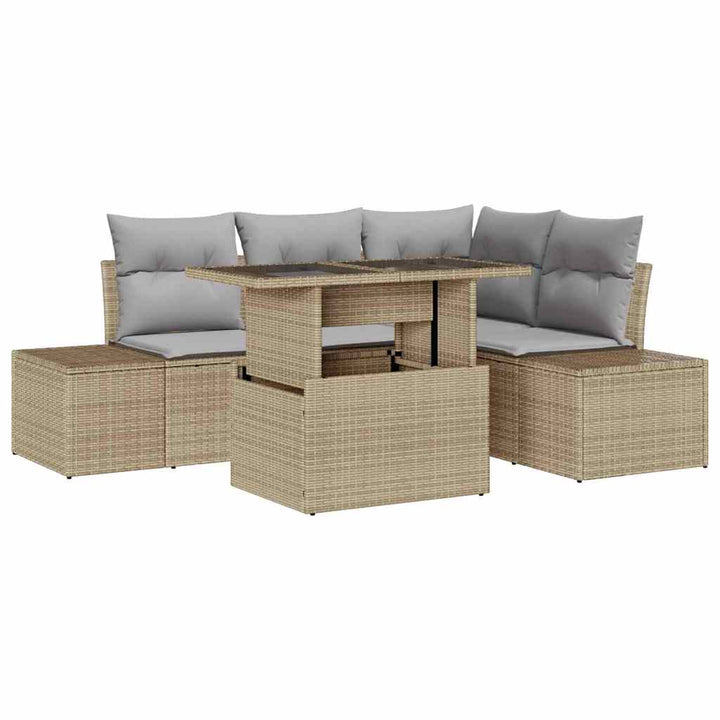 Havesofa Sæt med pude med opbevaring 5 pcs Beige polyrattan