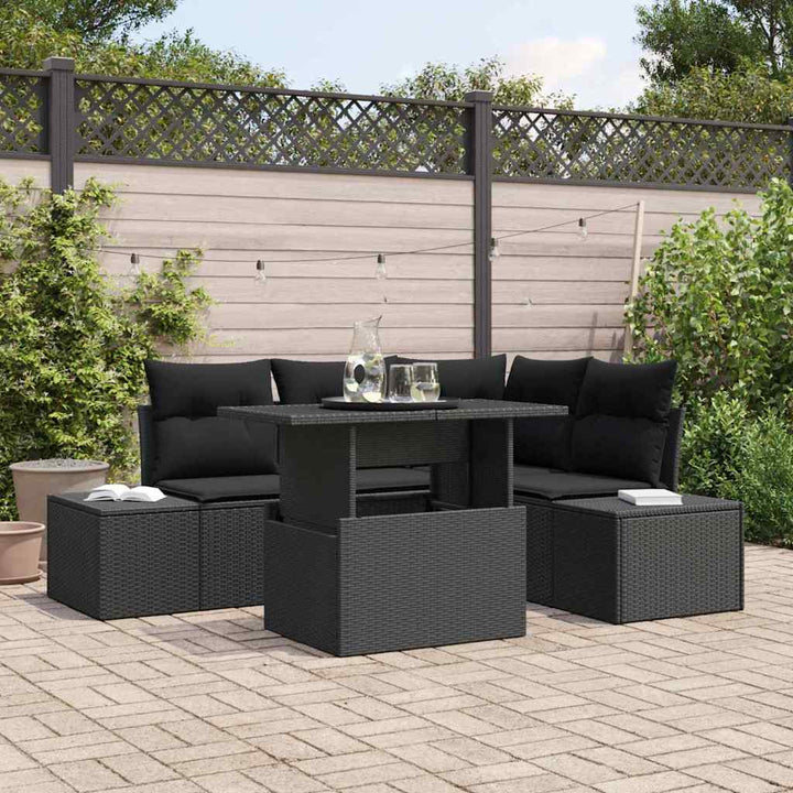 Havesofa Sæt med pude med opbevaring 5 pcs Sort polyrattan