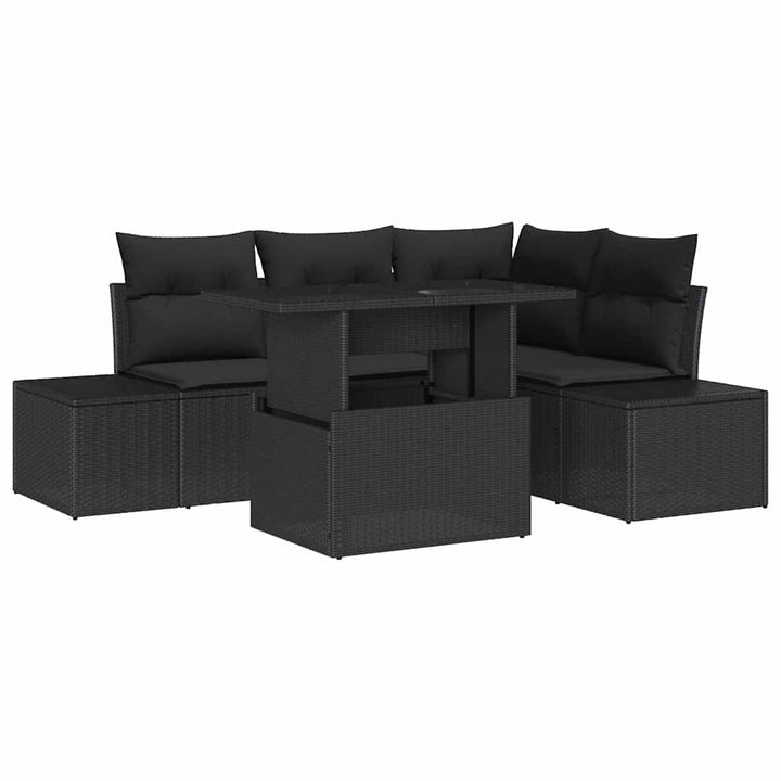 Havesofa Sæt med pude med opbevaring 5 pcs Sort polyrattan