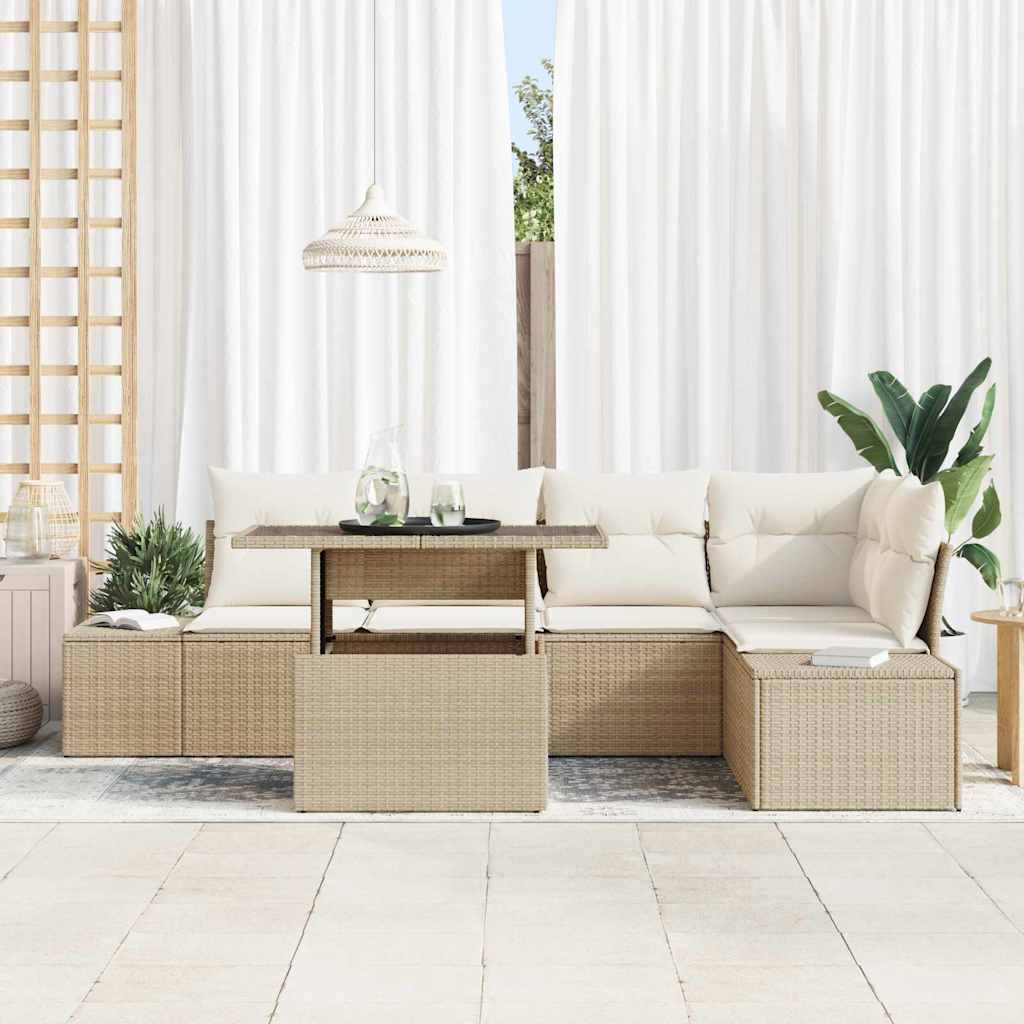 Havesofa Sæt med opbevaring 6 pcs Beige Poly rattan