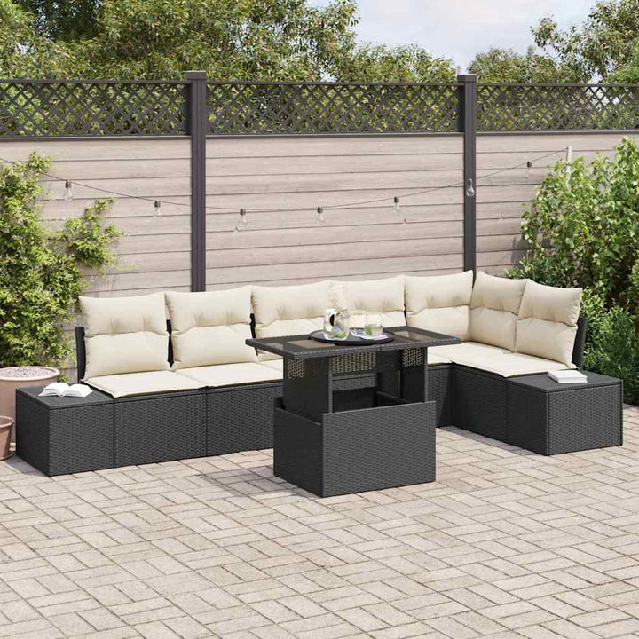 Havesofa Sæt med pude med opbevaring 7 pcs Sort polyrattan