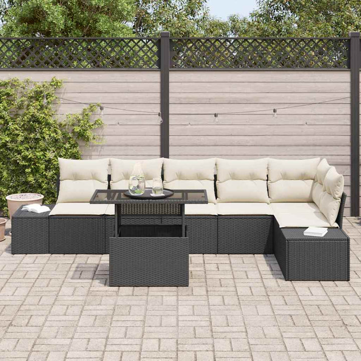 Havesofa Sæt med pude med opbevaring 7 pcs Sort polyrattan