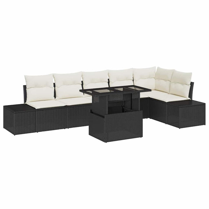 Havesofa Sæt med pude med opbevaring 7 pcs Sort polyrattan