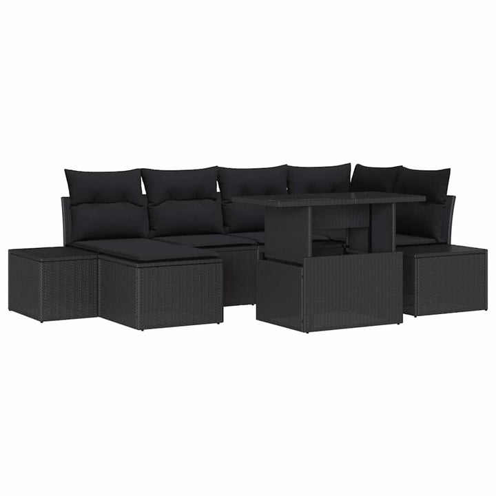 Havesofa Sæt med pude med opbevaring 7 pcs Sort polyrattan