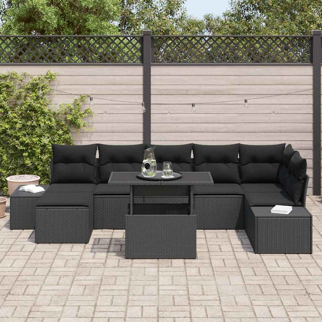 Havesofa Sæt med opbevaring 8 pcs Sort Poly rattan