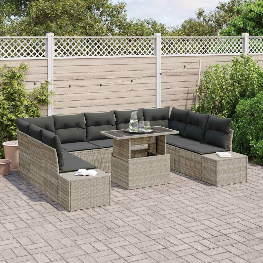 Havesofa Sæt med opbevaring 10 pcs Lysegrå Poly rattan