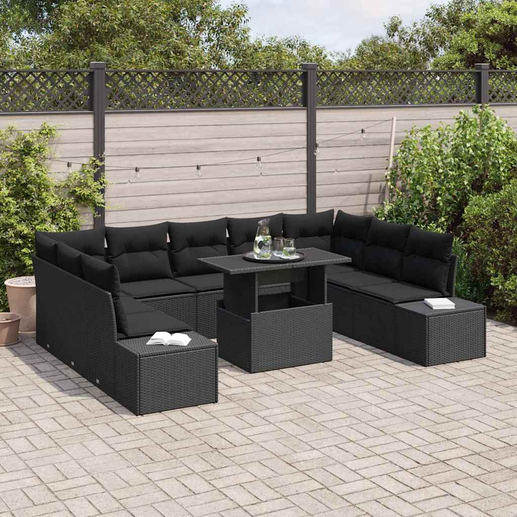 Havesofa Sæt med opbevaring 10 pcs Sort Poly rattan