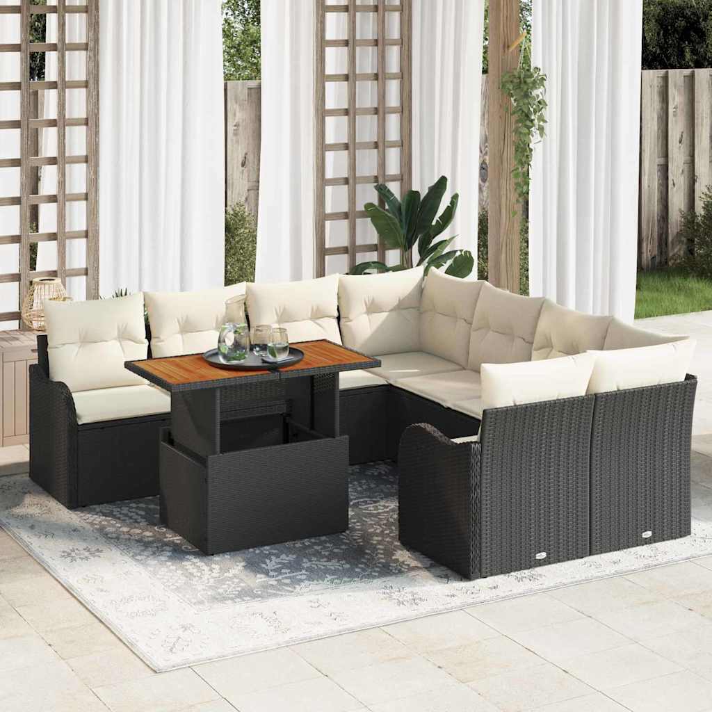 Havesofa Sæt med opbevaring 9 pcs Sort Poly rattan