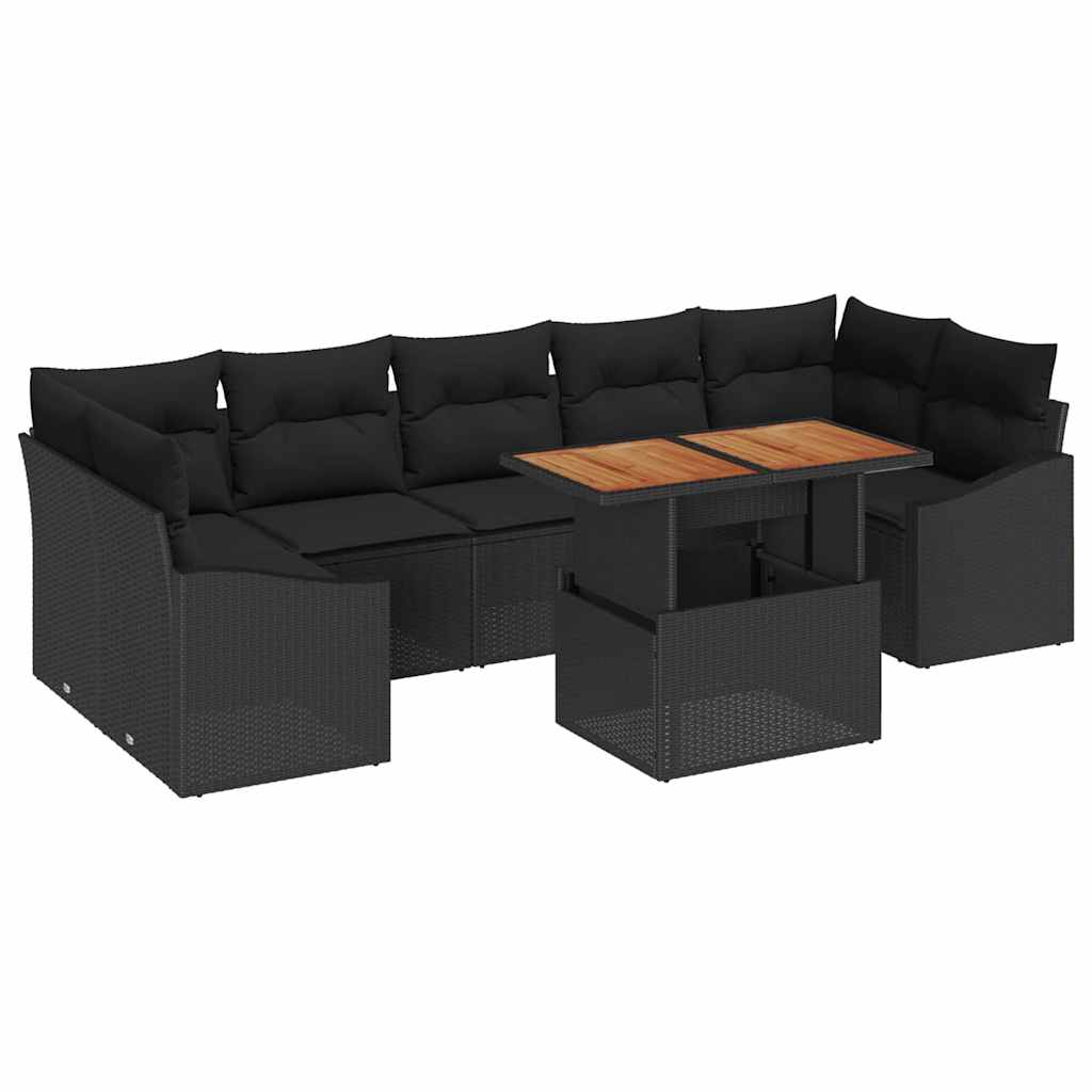 Havesofa Sæt 8 pcs Sort Poly Rattan og pulverlakeret stål