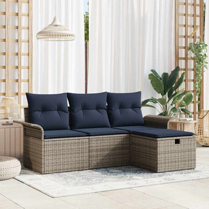 Havesofa Sæt med pude 4 pcs Grå og Marineblå polyrattan
