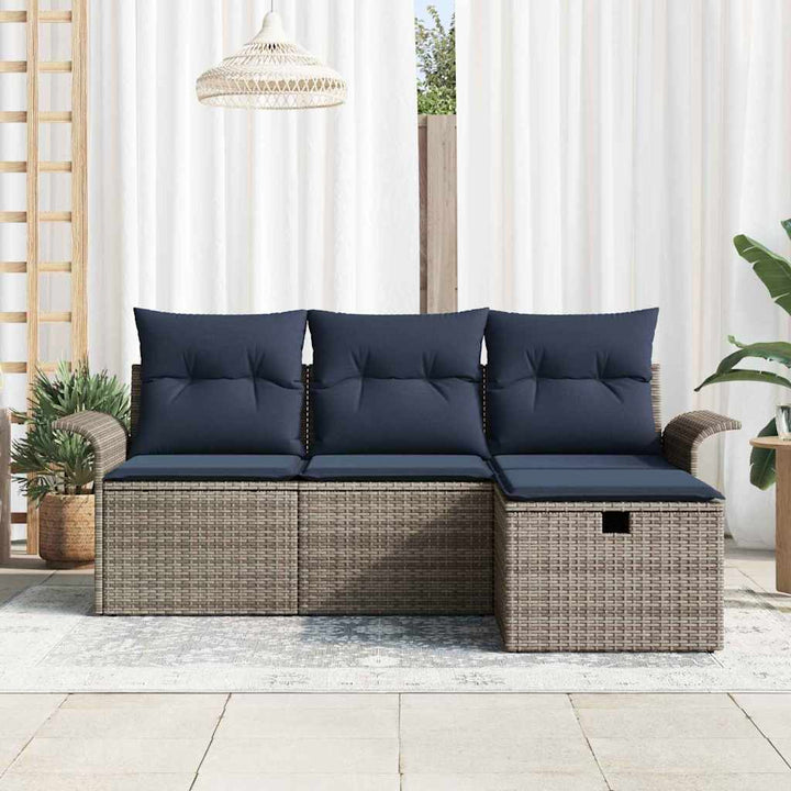 Havesofa Sæt med pude 4 pcs Grå og Marineblå polyrattan