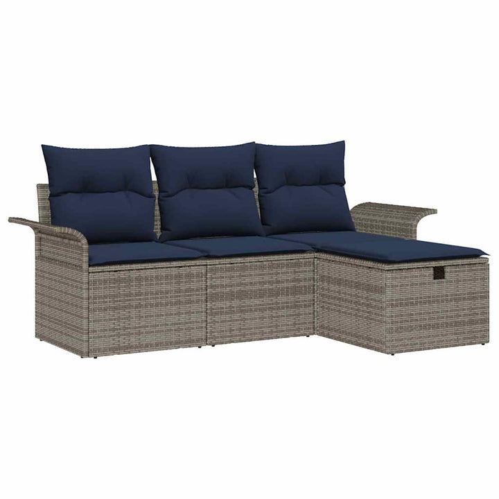 Havesofa Sæt med pude 4 pcs Grå og Marineblå polyrattan