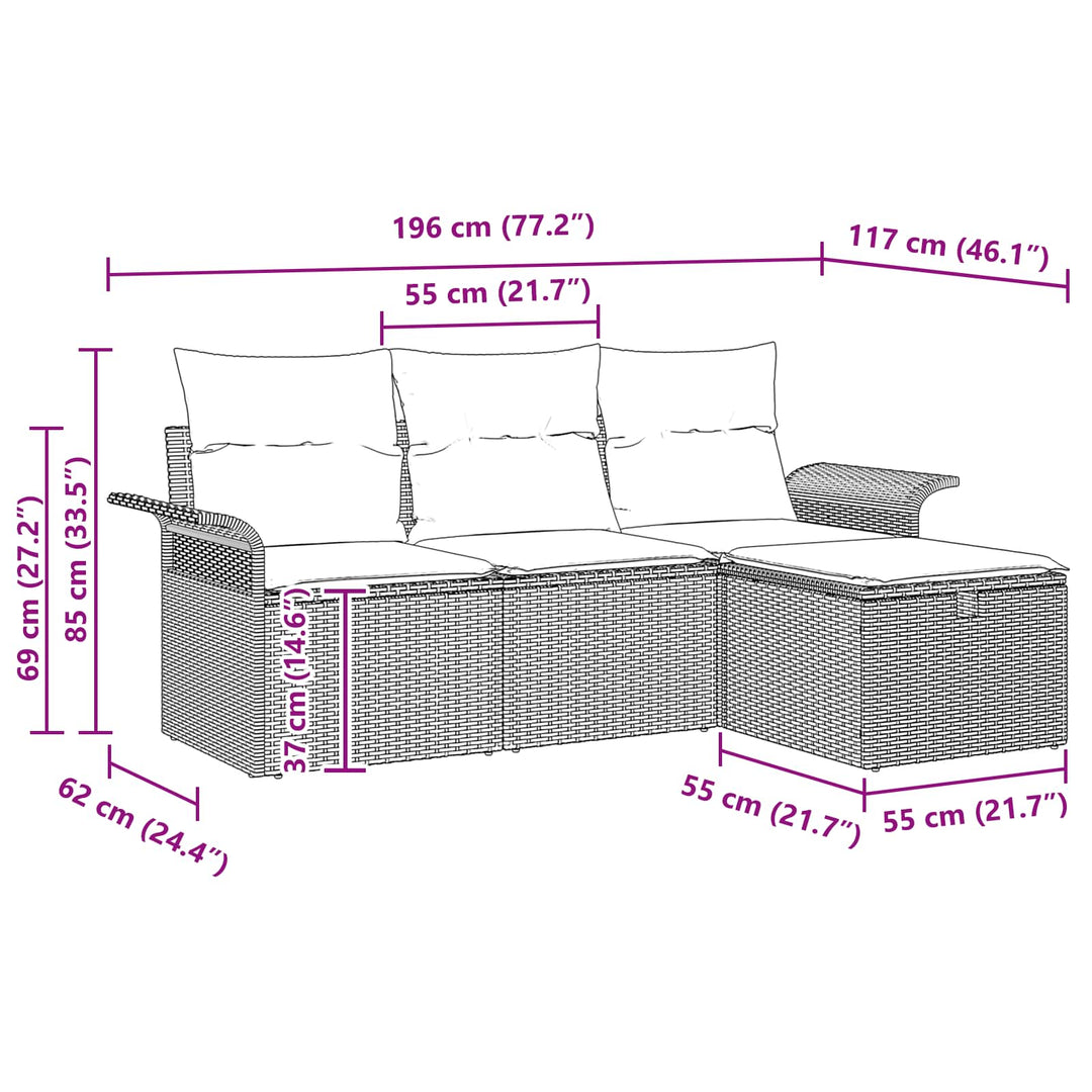 Havesofa Sæt med pude 4 pcs Grå og Marineblå polyrattan